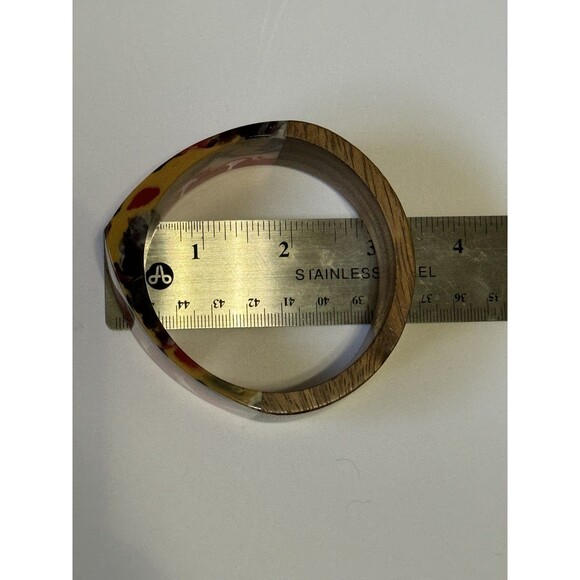 Vintage Resin Wood Chunky Statement Boho Bangle Bracelet Angular Inlay - Picture 12 of 12